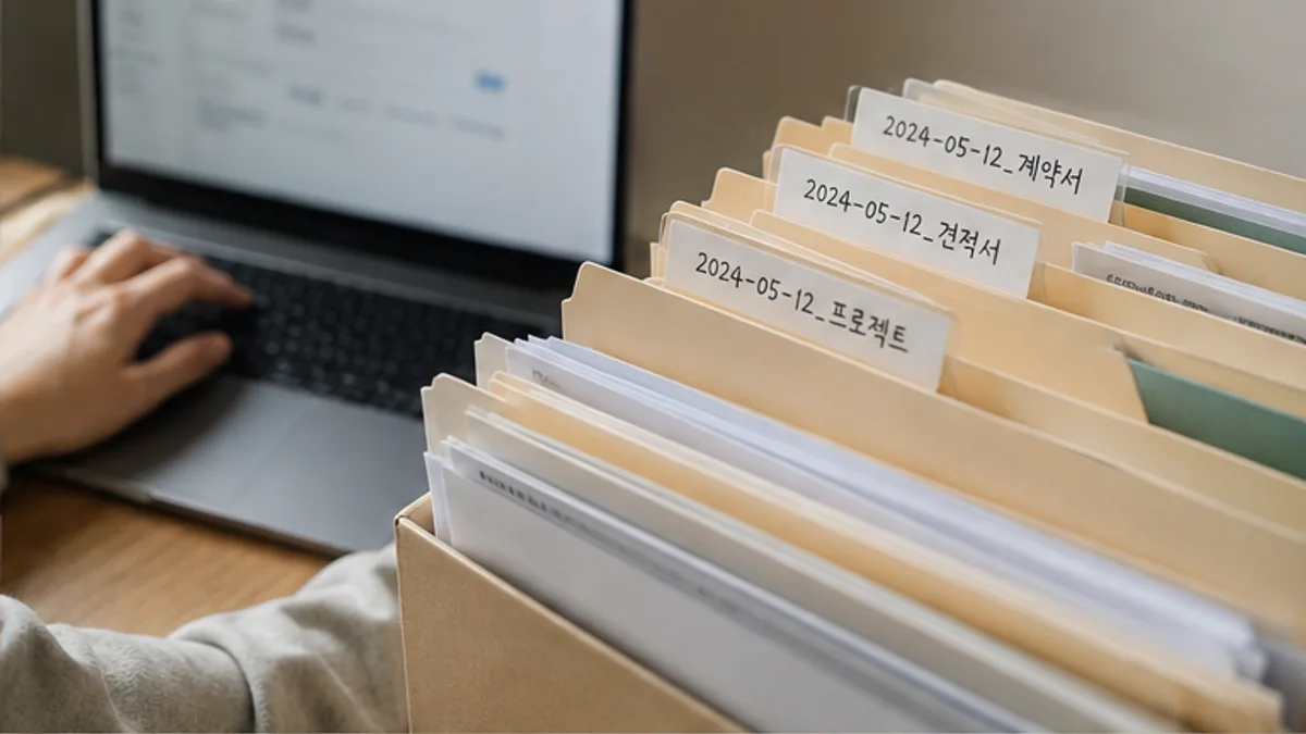 날짜와 주제가 적힌 종이 파일철을 노트북 옆에서 정리하는 모습
