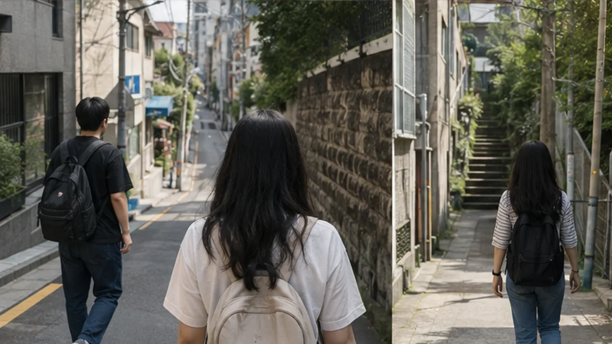 두 사람이 서로 다른 골목 방향에서 정자로 걸어가는 모습