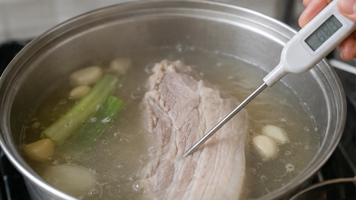 냄비 속 돼지고기 덩어리의 가운데에 탐침 온도계를 꽂은 모습