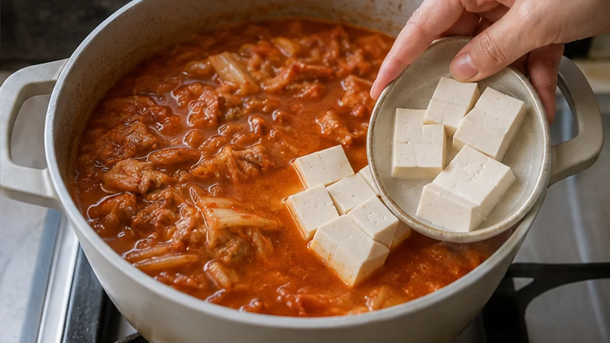 끓는 김치찌개 냄비에 흰 두부 조각을 그릇째 넣는 손