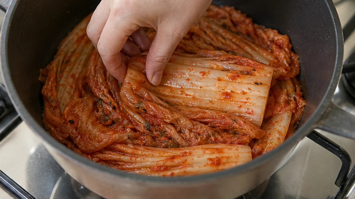 검은 냄비 바닥에 배추김치를 손으로 넓게 펼쳐 까는 모습