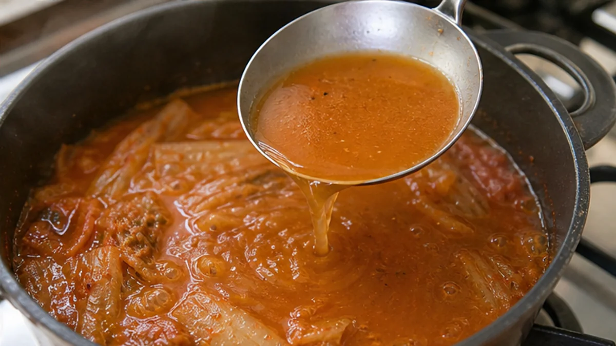 김치찜 냄비의 붉은 국물을 금속 국자로 떠 농도를 확인하는 모습